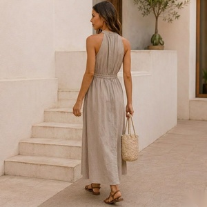 Halter Neck Maxi <b>Dress</b> Elastic Waist Sleeveless A-Line Solid Color <b>Boho</b> Style Breathable Viscose <b>Summer</b> Casual <b>Dress</b> - Product Image 5