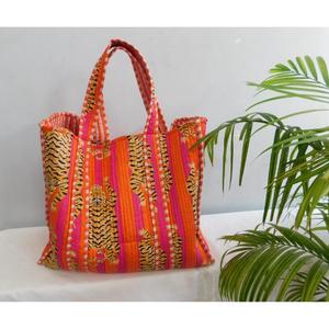 Bolsa de Mano de Algodón Hecha a Mano, con Estampado de Bloques, Acolchada, con Cierre Abierto, Estilo Boho, Reutilizable, para Compras, Casual, para Mujer, Verano, Otoño, Primavera - Product Image 3