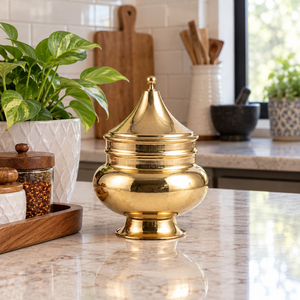 Pot de rangement en laiton poli avec couvercle en dôme et base sur pieds, récipient métallique traditionnel pour la maison, l'hôtel et la décoration cadeau - Product Image 2