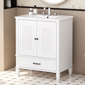 30 pollici stile Vintage bagno bianco vanità con lavello Multi-funzionale porta porta portaoggetti Soft-Closing - Product Image 5