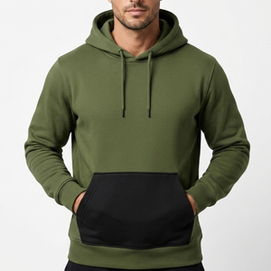 Sweat-shirt homme en coton de haute qualité, design poche kangourou contrastée vert olive et noir - Sweat-shirt uni, vêtements personnalisés avec logo - Product Image 4