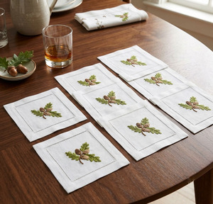 Servilletas de cóctel con patrón bordado de hoja de roble, de algodón blanco con dobladillo, cuadradas, para bebidas - Product Image 1