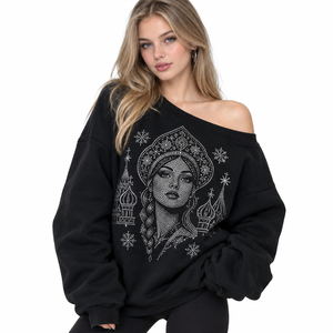 <b>Women's</b> Rhinestone Printed Off Soulder Sweat <b>Shirt</b> Oversized Heavyweight Cotton Fleece Tee Collarless <b>Women</b> Streetwear Sweat Tee - Product Image 2