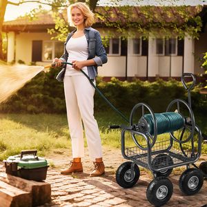 Carrello Avvolgitubo da Giardino Grande Capacità 300 Piedi con 4 Ruote e Cesto Portaoggetti - Product Image 2