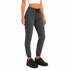 High <b>Waist</b> Dark Grey Skinny Denim <b>Jeans</b> <b>With</b> Drawstring <b>Elastic</b> <b>Waist</b> And Cuffed Hem Casual Women's Full Length Jogger Pants - Product Image 3
