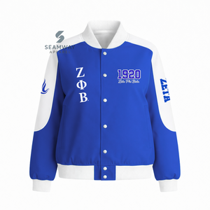 เสื้อแจ็คเก็ตแข่งรถผ้าคอตตอนทวิลล์ Zeta Phi Beta Sorority สำหรับผู้หญิง เสื้อแจ็คเก็ตแข่งรถสไตล์วาร์ซิตี้ เสื้อแจ็คเก็ตแข่งรถมอเตอร์สปอร์ตความเร็วสูง - Product Image 1