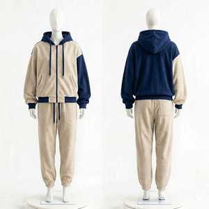 Unisex Two Tone Fleece Tracksuit Beige Blue Patchwork Hoodie and <b>Jogger</b> <b>Set</b> Warm Cozy Winter Loungewear <b>Matching</b> Suit Wholesale - Product Image 1