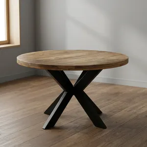 Mesa de Comedor Redonda de Madera Maciza para 6 Personas con Patas Cruzadas de Metal Negro, Mesa de Centro para Sala de Estar Estilo Rústico, Decoración del Hogar - Product Image 5