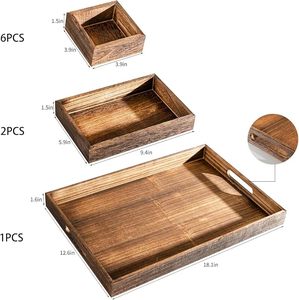 Plateau de service en bois avec poignées, assiettes rectangulaires à 8 compartiments, plateau ottoman pour salon, utilisé pour la table basse - Product Image 6