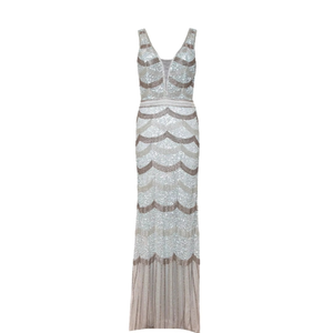 Women Silver Beaded Maxi Dress Elegant V Neck Sleeveless Scalloped <b>Sequin</b> Embellished 1920s Vintage Gatsby Evening Formal Gala - Product Image 3
