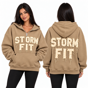 Sweat à capuche demi-zip bleu clair pour femme, coupe Storm Fit, avec lettres appliquées, épaules tombantes, poche kangourou, en polaire décontractée, style streetwear, coupe-vent - Product Image 6