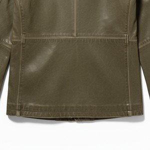 Men's Genuine Leather <b>Jacket</b> Stand Collar Workwear Style Olive Green Four Pockets Regular Fit Autumn <b>Winter</b> <b>Waterproof</b> Windproof - Product Image 3
