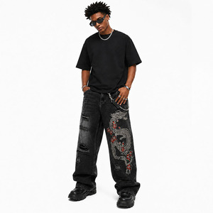 Jean en denim coupe large pour homme, taille haute, déchiré, broderie dragon noir, style chinois, coupe ample, streetwear, automne, en coton - Product Image 3