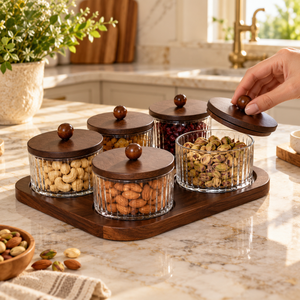 Six Piece Glass <b>Canister</b> <b>Set</b> Wooden Lids Tray Ribbed Jars for Nuts Snacks Dry Fruits Kitchen Storage | Elegant Pantry Organizers - Product Image 3