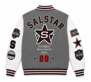 เสื้อแจ็คเก็ตเบสบอลแบบ Varsity Letterman สีเทาขาวสำหรับผู้ชาย พร้อมป้ายปักแบบ OEM ODM - Product Image 2