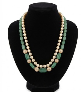 Collier de luxe plaqué or à deux rangs avec perles et pierres vertes, fait main, bijou de mariage pour femme - Product Image 4