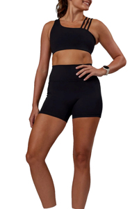 Soutien-gorge de sport noir sans coutures pour femme avec col carré, bretelles croisées, maintien moyen, haut de yoga, design découpé - Product Image 5
