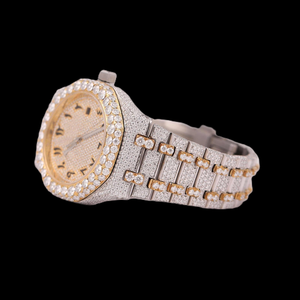 Montre-bracelet en quartz diamantée, cadran à chiffres arabes dorés, lunette sertie de pierres précieuses, bracelet en acier inoxydable, affichage de la date, 46 mm, luxe - Product Image 6