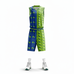 Conjunto de Uniforme de Baloncesto Geométrico Verde y Azul Personalizado, Sin Mangas, Transpirable, Ropa Deportiva para Adultos Hombres, Todas las Temporadas - Product Image 1