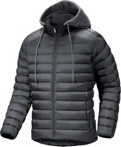 Veste d'hiver matelassée à capuche noire pour homme, fermeture éclair, doublure en polaire, coupe-vent - Product Image 1