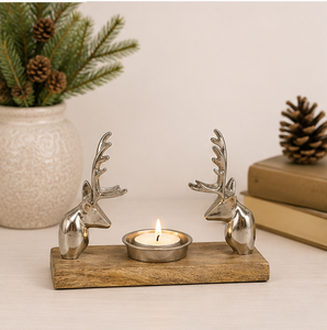Handmade Silver Aluminum Reindeer Head Candle Holder With Solid Mango Wood Base Modern Rustic Tealight <b>Stand</b> For Christmas Table - Product Image 6