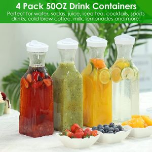 4 Pack 50 oz Water Carafes with Flip Top Lids Square <b>Plastic</b> Clear Pitchers for Juice Iced Tea Fridge Storage <b>Drinkware</b> - Product Image 5