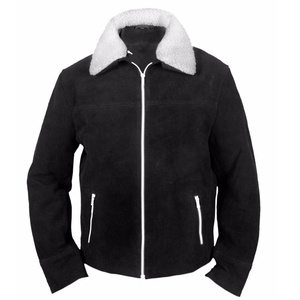 Blouson bomber en daim noir pour homme avec col en fausse fourrure, fermeture éclair, style moto, épais, coupe-vent, vêtement d'extérieur pour l'hiver - Product Image 1