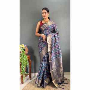 CRÉATEUR BANARASI SOIE TISSANT TRAVAIL SAREE AVEC CHEMISIER NON COUDU BLEU MARINE - Product Image 1