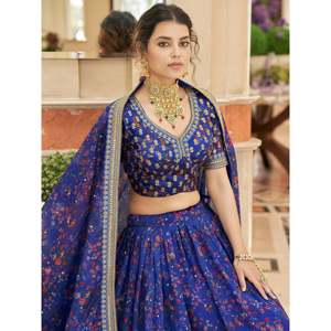 A-Line Modern Lace Organza Bridesmaid Lehenga Choli in Majestic Blue Plus Size - Product Image 4
