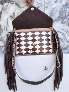 Nouveauté : Sac à franges en cuir fait main, style bohème gypsy, motif à carreaux, sacs de créateurs multi-usages, style western élégant - Product Image 4