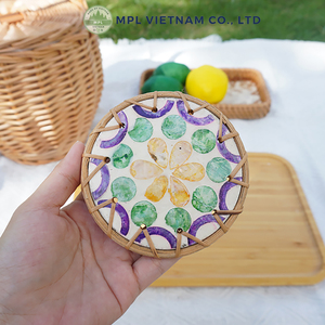 Handcrafted Eco-Friendly Vintage Design Rattan Coaster Set Mother Pearl Inlaid 100mm Diameter 10mm Thickness Natural - Product Image 6