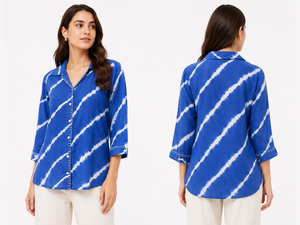 Camisa de Mujer Azul Sólida Estilo Bohemio 100% Algodón Manga Larga Cuello Mandarín Ecológica Transpirable - Product Image 3