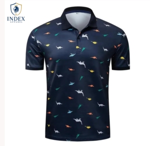 Camiseta Polo de Manga Corta Azul Oscuro para Hombre de Index Apparel con Estampado de Dinosaurios Coloridos, Corte Casual, Secado Rápido, Tejido de Poliéster - Product Image 1