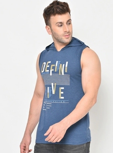 Men's Sleeveless Hooded Tank Top Blue Printed Letter Design Casual Wear Breathable Cotton Knitted O-Neck Front <b>Logo</b> - Product Image 3