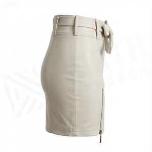 Jupe crayon mini en cuir PU taille haute pour femme avec nœud et fermetures éclair latérales, style club sexy, couleur unie - Product Image 3