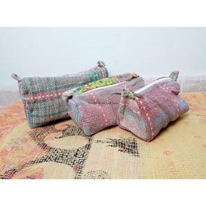 Indian Kantha Hand Block Print Cotton Cosmetic Bag Set with Tassel Zipper Closure Vintage Style-Women's Travel Makeup Pouch - Product Image 3