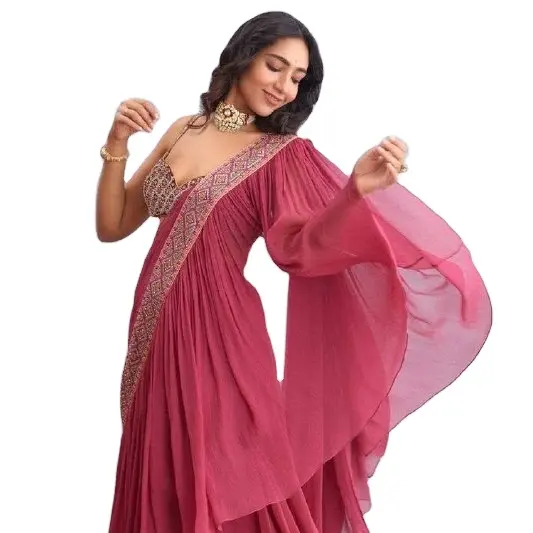 Berühmte Marke Bollywood-Stil ärmellose Bluse und Designer Lehenga Saree für Party Wear Damen kleid