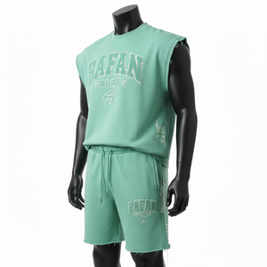 Ensemble court sans manches 100 % coton premium pour homme, en molleton de coton vert menthe, avec shorts athlétiques à bords bruts et logo personnalisé imprimé en relief - Product Image 3