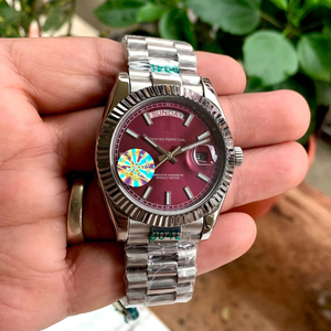 นาฬิกาอัตโนมัติคุณภาพสูง ตัวเรือนสแตนเลสสตีลขนาด 41 มม. สายสแตนเลสสตีล หน้าปัดสีแดงเบอร์กันดีลายรัศมี ขอบหน้าปัดแบบฟลูท - Product Image 1