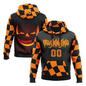 Hooded Sweatshirt <b>Men</b> Halloween Pumpkin Print <b>Black</b> Orange Checkered Design Sublimation Regular Fit Autumn Casual Wear - Product Image 1