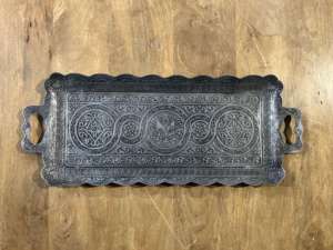 Rectangular Embossed Metal Serving <b>Tray</b> Set of 2 Large Silver Floral Decorative Platters with Wooden <b>Side</b> Handle or Coffee <b>Table</b> - Product Image 4