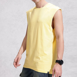 เสื้อกล้ามถักคอโอแบบไม่มีแขนสำหรับผู้ชาย สีเหลืองล้วน ทรงลำลอง ความยาวปกติ - Product Image 2