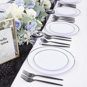 Ensemble de vaisselle en plastique blanc EI 180 pièces comprenant des couverts jetables noirs, des assiettes à dîner et à dessert, des décorations de table pour fête - Product Image 5