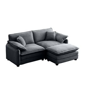 Two-Seater L-Shaped Grey Corduroy <b>Sofa</b> with Ottoman <b>Small</b> Living Spaces Suitable for Living Rooms - Product Image 5