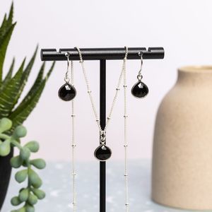 Black Onyx Peace Dangle Drop <b>Earrings</b> Necklace Set 925 Sterling Silver Satellite Chain Elegant Wedding Jewelry - Product Image 1