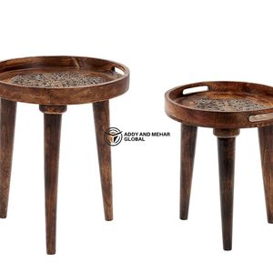 <b>Round</b> Wooden Tray Top Nesting Tables Set of 2 with Handles – Rustic Serving Style Side Tables for Living Room & Bedroom - Product Image 5
