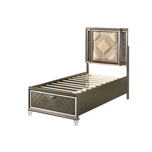 Cama Matrimonial Skylar con LED y Almacenamiento, Tapizada en Cuero Sintético y Acabado en Champán Oscuro - Product Image 2
