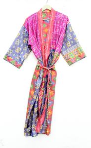 Kimono Sari de poliéster vintage con parches multicolores bata larga de luna de miel - Product Image 5