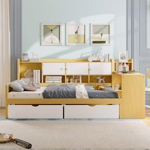 Letto a giorno multifunzionale a L in legno con sette armadietti e due cassetti, letto per bambini con scrivania integrata - Product Image 1