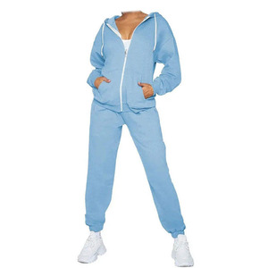 Ensemble de survêtement pour femme bleu clair à capuche, veste zippée à manches longues et pantalon, couleur unie, coupe ample, respirant, 100 % coton, idéal pour l'automne - Product Image 5